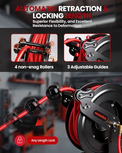 Retractable Air Hose Reel - 3/8" x 65 FT Hybrid Polymer Air Compressor Hose Reel, Heavy Duty Steel Dual Arm with 6.56 FT Lead-in, Max 300 PSI, Professional Grade Wall/Ceiling/Floor Mount