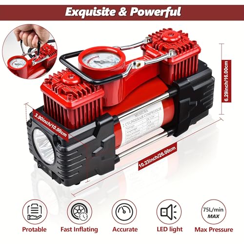 MESHUBA Dual Cylinder Tire Inflator Portable Air Compressor 12 Volt Car Air Pump Car Accessories 150 PSI LED Light, Heavy Duty Off Road for Truck, SUV, Car, RV(RED)