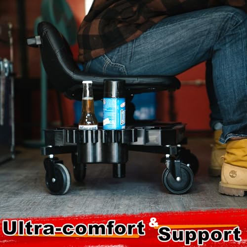 FREEKYROCK Rolling Stool with Wheels, Adjustable Height Pneumatic Garage Work Mechanic Stool Seat with Backrest, 400 LBS Capacity 360° Swivel Mechanic Crepper Chair with Tool Tray Storage, Red