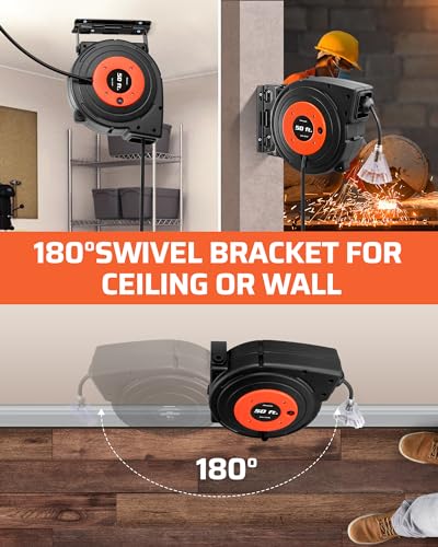 DEWENWILS 50FT Retractable Extension Cord Reel, 14AWG/3C SJTOW Cord Reel