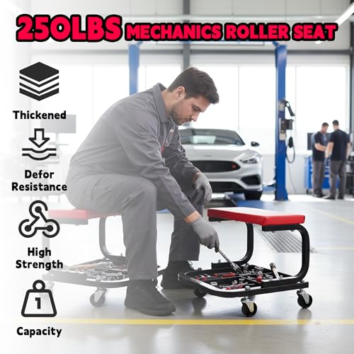 QCUNMAG Rolling Creeper Garage/Shop Seat, Padded Rolling Workshop Stool with Tool Tray Storage, Mechanic Stool for Garage, Shop, Auto Repair, 250 LBS Capacity, Red