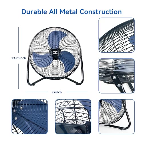 TEMPWARE 20 Inch High Velocity Industrial Floor Fan with 360° Tilt, Blue