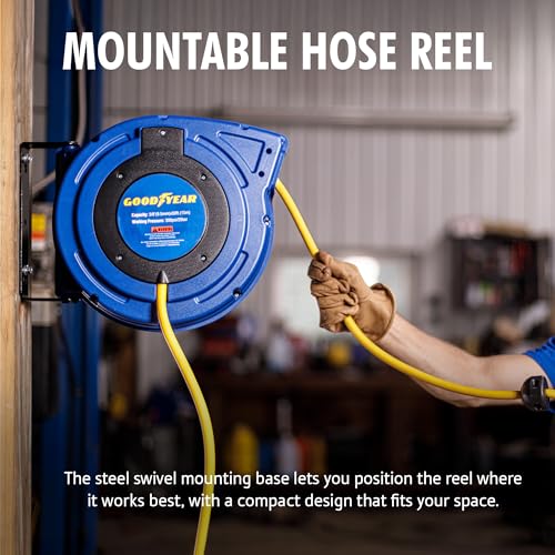 Goodyear Air Hose Reel Retractable 3/8" Inch x 50' Foot Hybrid Polymer Hose Max 300PSI Commerical Polypropylene Construction