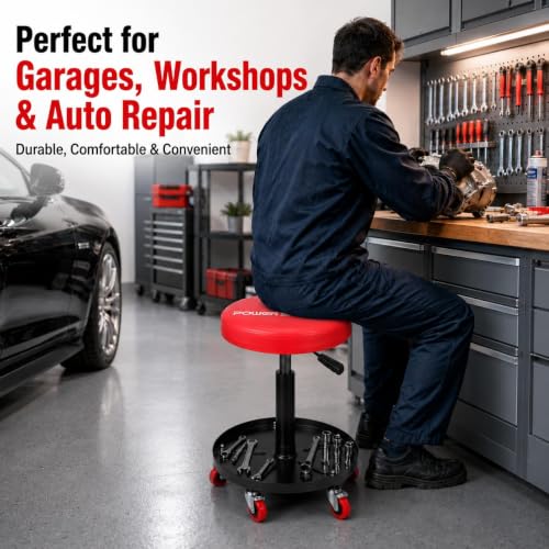 PowerSmart 330 lbs Capacity Pneumatic Roller Seat with Wheels, Adjustable Rolling Mechanic Stool with Tool Tray, Hydraulic Garage Shop Stool, Swivel Creeper Seat for Automotive Repair