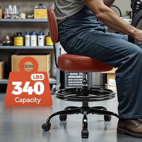 BestGlory Shop Stool with Wheels for Garage, Mechanics Rolling Chair with Backrest, Adjustable Height Heavy Duty Garage Stool with Footrest and Storage Tray, Swivel Task Chair for Workshop Salon