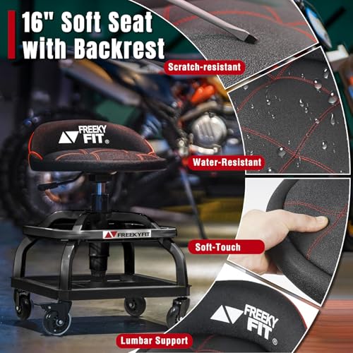 FreekyFit Rolling Shop Stool with Wheels, Garage Work Mechanic Stool with Backrest, Roller Mechanic Chair, Adjustable Height, 360° Swivel, Tool Tray Storage, 330 LBS Capacity, Heavy Duty, Black
