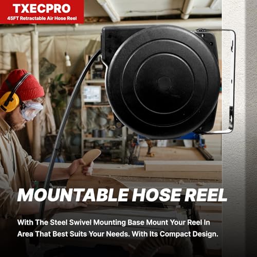 Txecpro Retractable Air Hose Reel, 1/4 IN x 45 FT Hybrid Air Hose Max 300 PSI, Air compressor hose reel with 5 ft Lead in, Ceiling/Wall Mounted air hose reel,Heavy Duty air tool