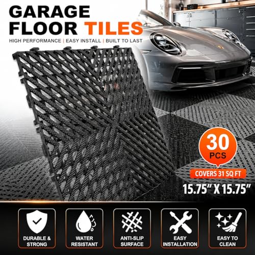 30-Pack 15.75" x 15.75" Interlocking Garage Floor Tiles, Heavy Duty Non-Slip Drainage Mats for Garage, Patio, Deck, RV, Campsite & Outdoor Use, Black