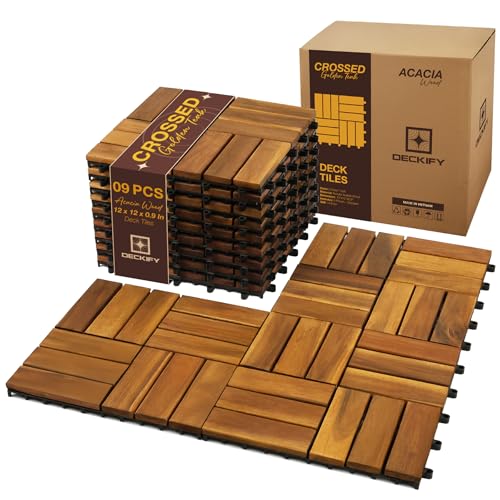 DECKIFY 9-Piece Acacia Wood Interlocking Deck Tiles, Golden Teak Crossed