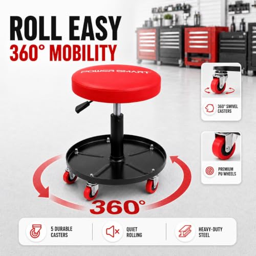 PowerSmart 330 LBS Capacity Roller Seat with Wheels, Pneumatic Rolling Mechanic Stool, 18"-23" Adjustable Height, with Tool Tray, Swivel Creeper Seat for Automotive Repair, Car Detailing & Workshop