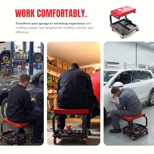 MaxWorks Mechanics Roller Seat - Heavy Duty 250 lb Capacity Rolling Creeper Stool with Padded Seat & 3-Section Tool Tray for Garage & Auto Repair (50875)