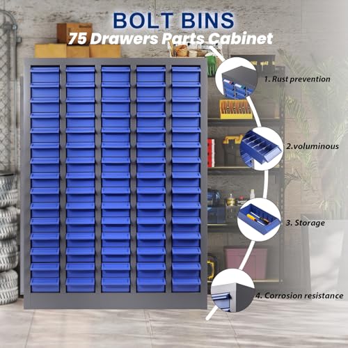 75 Drawer Small Parts Organizer Cabinet with ABS Drawers, Nuts and Bolts and Screw Organizer with Dividers, Hardware Storage with Label Slots, Metal Parts Cabinet for Garage Workshop