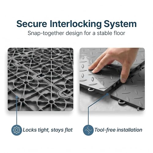 Nitro Tiles by FlooringInc 12" x 12" Interlocking Garage Floor Tiles, Diamond Pattern Heavy Duty Polypropylene Flooring, Modular Snap-Together Non-Slip Floor Tile, Graphite, 52-Pack (52 Sq Ft)