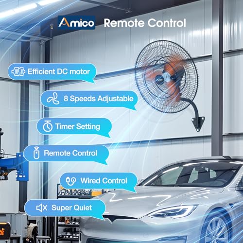 Amico 24 Inch Wall Mount Fan with Remote, 8-Speed DC Motor, Oscillating Fan