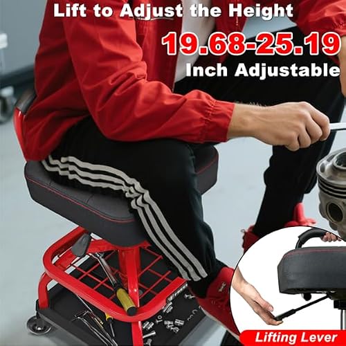 FREEKYROCK Rolling Shop Stool with Wheels, Garage Mechanic Shop Chair with Handle Backrest, Adjustable Height Work Stool, Roller Seat with Tool Tray Storage, Heavy Duty, 330 LBS Capacity, Red