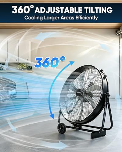 KEN BROWN 24 Inch Industrial Shop Fan, TurboSweep 8 Blades High Velocity Drum Fan, 9500 CFM, Heavy Duty 3 Speeds, 360° Adjustable Tilt for Industrial Commercial Gym Garage
