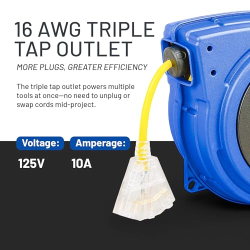 Goodyear Extension Cord Reel Retractable 16AWG x 50' Foot 3C/SJTOW Commercial Cable LED Triple Tap Connector Power 10A 125VAC 938W