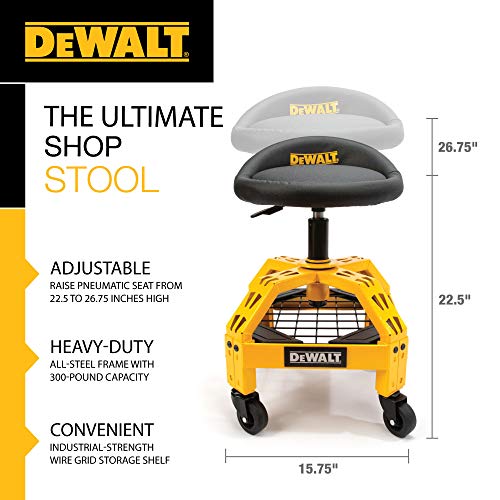 DEWALT Heavy Duty Adjustable Rolling Shop Stool, 360-degree Swivel Industrial Garage Stool with Padded Seat, Storage Shelf, Removable Wheels