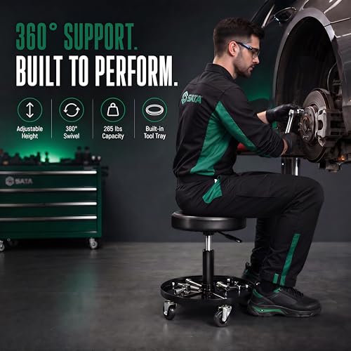 SATA Adjustable Rolling Shop Stool with Wheels, Heavy Duty 300 lbs Capacity Mechanics Chair, Rolling Garage Stool for Seated Work, 385mm Seat, 390mm Height