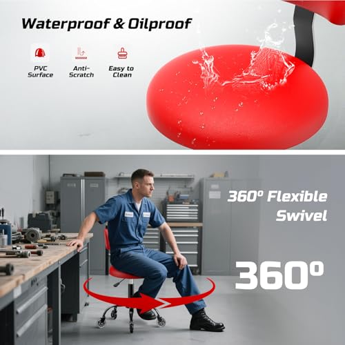 FreekyFit Rolling Shop Stool with Wheels, Mechanic Garage Short Stool Chair with Adjustable Height 15.55"-18.3", Heavy Duty Swivel Roller Seat for Garage, Salon and Tattoo Beauty, Red