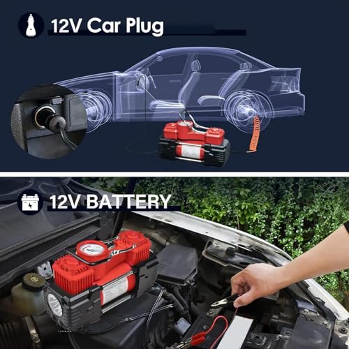 MESHUBA Dual Cylinder Tire Inflator Portable Air Compressor 12 Volt Car Air Pump Car Accessories 150 PSI LED Light, Heavy Duty Off Road for Truck, SUV, Car, RV(RED)