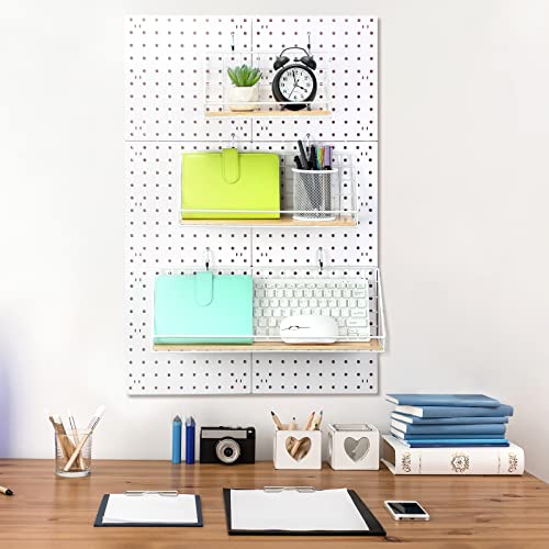 Roowest 3 Sets Metal Pegboard Shelves with Steel Peg Board Brackets and Hooks Wall Organizer Storage Display Tray Accessories for Craft Room Home Office Garage Nursery Workbench Kitchen(White)