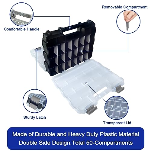 Double Side Tool Box Organizer, Hardware Storage Box, Portable Small Parts Organizer with Removable Plastic Dividers for Screws, Nuts, Nails, Bolts, Grey
