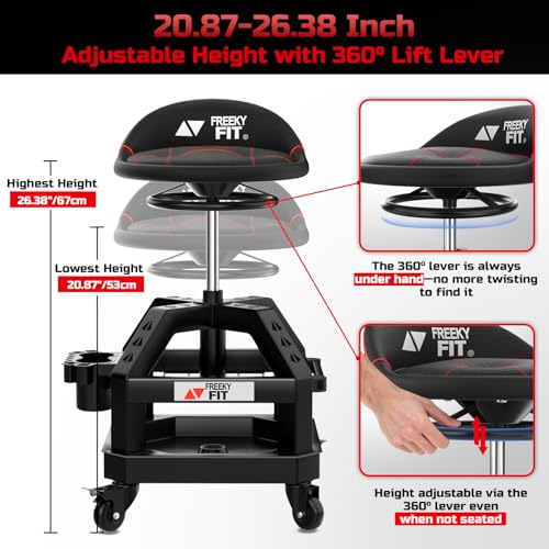 FreekyFit Rolling Shop Stool for Garage with Casters, DO02-Adjustable Height 360° Swivel Shop Seat with Tool Tray Storage, 330 LBS Capacity Padded Mechanic Stool, Magnetic Tool Hold, Heavy Duty, Black