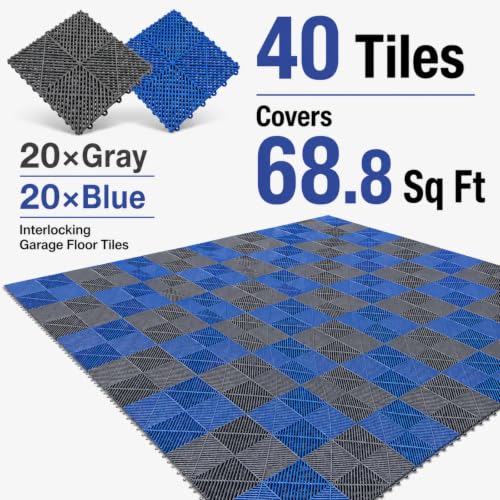 Japard Garage Floor Tiles, 20 Pack Interlocking Flooring Drainage 15.7 x 15.7 inch Covering 34 Sq Ft, Hard Plastic Easy to Install, Outdoor Indoor Basement Parking (Gray)