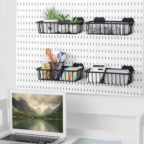 Maxdot 4 Pcs Pegboard Baskets with Hook, Compatible with IKEA Skadis Peg Board, Wall Bins and Baskets Storage Box Containers Accessories for Home Garage Office, 11 x 5 x 3 Inches(Black)
