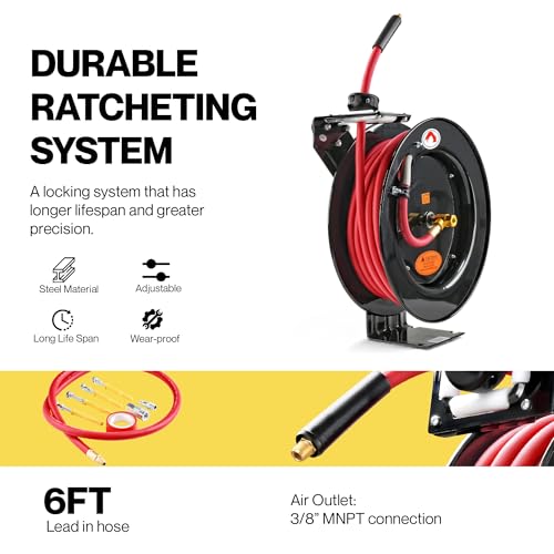 ReelWorks Air Hose Reel 3/8" Inch x 50' Foot SBR Rubber Hose Max 300PSI Commercial Steel Construction