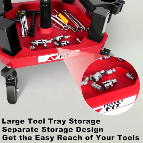 FreekyFit Rolling Shop Stool with Wheels, Adjustable Garage Mechanic Stool Seat Shop Roller Work Chair Mobile Rolling Seat with Tool Tray, 2 Cup Holders, 4" Casters, 350 LBS, Heavy-Duty, Red