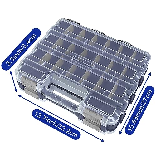 Double Side Tool Box Organizer, Hardware Storage Box, Portable Small Parts Organizer with Removable Plastic Dividers for Screws, Nuts, Nails, Bolts, Grey
