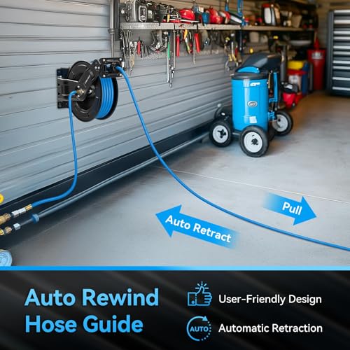 Relhost Retractable Air Hose Reel, 65 ft x 3/8 in Hybrid Air Hose Max 300PSI, Heavy Duty Air Compressor Hose Reel with Dual Arms, Auto Rewind, 180° Swivel Ceiling/Wall Mount for Garages, Workshops