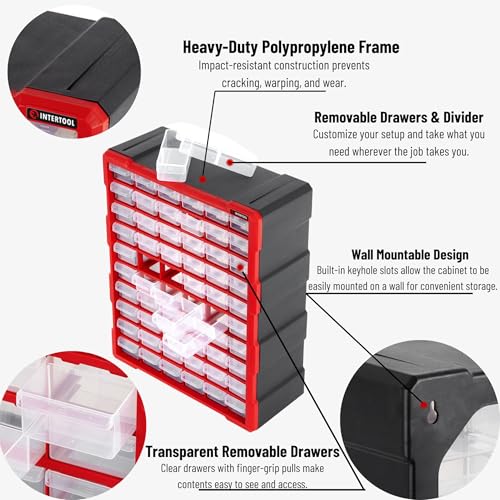 INTERTOOL Small Parts Organizer for Hardware & Screws | 60 Removable Bins with Dividers | Wall Mount or Desktop Craft & Lego Storage Cabinet | 19” x 15” x 6” BX08-4016