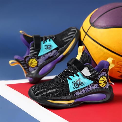 BTKSDAS Boys Shoes Non Slip Breathable Comfortable Safety Kids Shoes Workout Gym Tennis Running Basketball Sneakers for Boys Girls Black/Purple Size 1.5 Little Kid,(1 Pair)