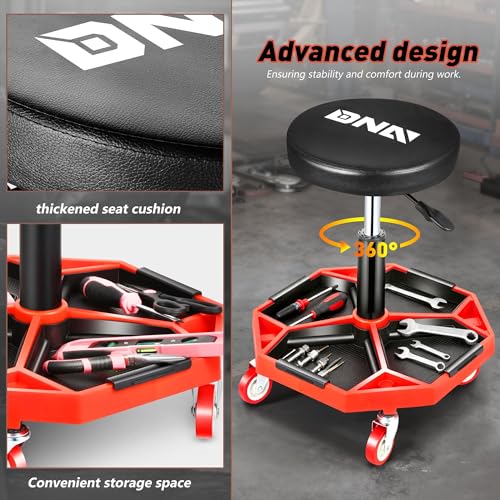 DNA Motoring TOOLS-00253 Adjustable Height Pneumatic Garage Seat Rolling Mechanic Stool with Tool Tray Storage,300lbs Max Weight Capacity