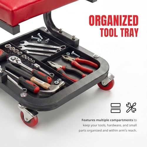 MaxWorks Mechanics Roller Seat - Heavy Duty 250 lb Capacity Rolling Creeper Stool with Padded Seat & 3-Section Tool Tray for Garage & Auto Repair (50875)