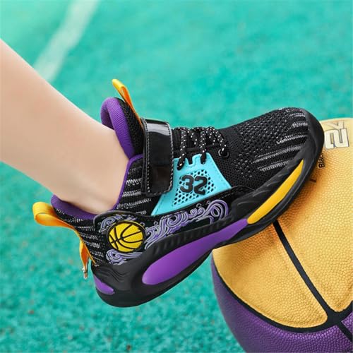 BTKSDAS Boys Shoes Non Slip Breathable Comfortable Safety Kids Shoes Workout Gym Tennis Running Basketball Sneakers for Boys Girls Black/Purple Size 1.5 Little Kid,(1 Pair)