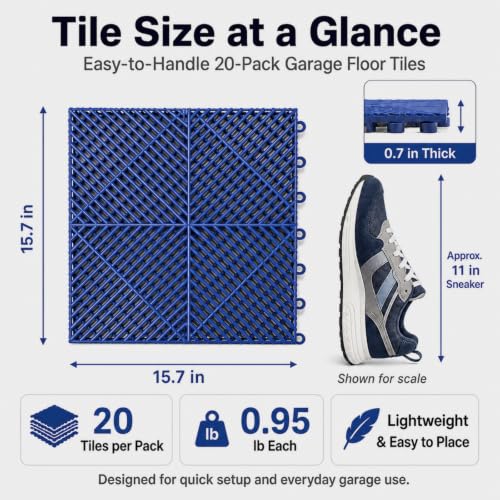 Japard Garage Floor Tiles, 20 Pack Interlocking Flooring Drainage 15.7 x 15.7 inch Covering 34 Sq Ft, Hard Plastic Easy to Install, Outdoor Indoor Basement Parking (Gray)