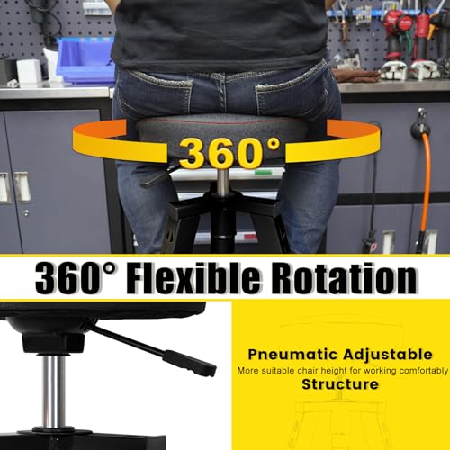 FreekyFit Adjustable Tall Shop Stool, Mechanic Garage Bar Stool Chair, Work Metal Chair for Workshop,360° Swivel Padded Seat, Tool Tray Storage, 350 LBS Capacity, Heavy Duty, Black