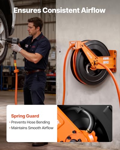 VEVOR Retractable Air Hose Reel, 3/4 Inch x 50 FT PVC Air Hose Max 300PSI, Auto Rewind Air-Compressor Hoses Reel with 5 ft Lead in, Ceiling/Wall Mount Heavy Duty Steel Double Arm