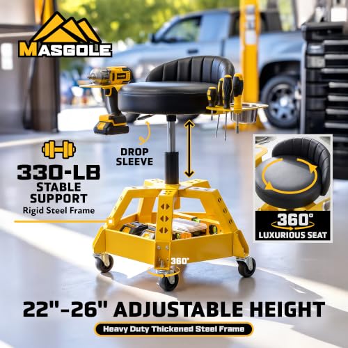 Rolling Shop Stool with Wheels for Garage, Height Adjustable Mechanic Stool Seat with Backrest and Tool Tray Storage for Workshop, Heavy Duty 330 LBS Capacity Padded Work Garage Chair, 360° Swivel