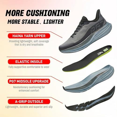 ANTA Men’s PG7 3.0 Cushioning Running Shoes Enhanced Lateral Support Athletic Sneakers Lightweight and Breathable Shoes for Gym Walking and Standing, Gray/Black, 9.5
