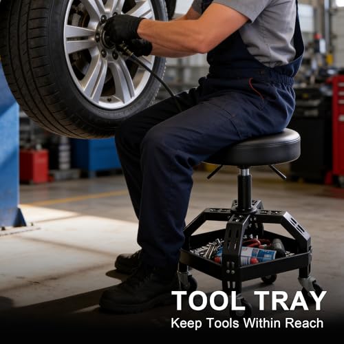 Frassie Rolling Mechanic Stool Garage Seat with Tool Tray, Height Adjustable 25.2"-29.1" Shop Stool with Brake Wheels for Auto Repair Workshop Steel Frame 300LBS Capacity