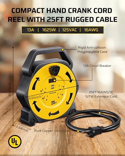 DEWENWILS 25FT Extension Cord Reel, Hand Wind Retractable Cord Reel