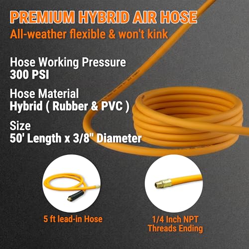 Holdwell S Retractable Air Hose Reel, 3/8" x 50FT Hybrid Air Hose, 300PSI Max, Auto-Rewind & Length-Lock, 1/4" NPT Fitting, Ceiling/Wall Mount Heavy Duty Single Arm Steel Reel for Workshop/Garage