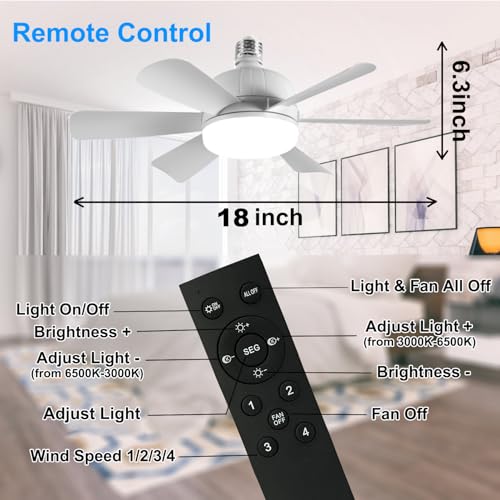 2Pack Socket Fan Light, LED Socket Ceiling Fans with Lights and Remote, 18 Inch Low Profile Screw in Ceiling Fan Light, Dimmable 3000-6500K Fan Light Bulb for Bedroom, Kitchen, Laundry Room, Garage