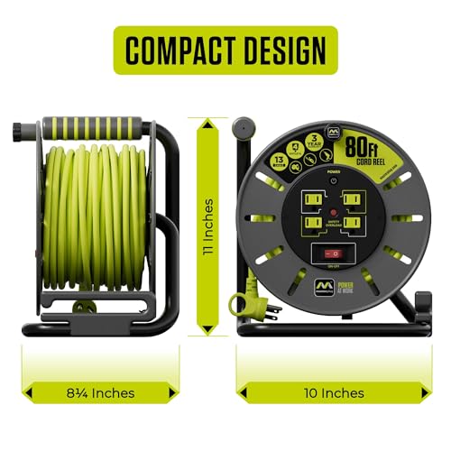 Masterplug 80ft Cord Reel, Retractable Extension Lead with Winding Handle, Safety Overload Circuit Breaker and Power Switch, 4X Grounded Outlets, 13amps, 14AWG Cable