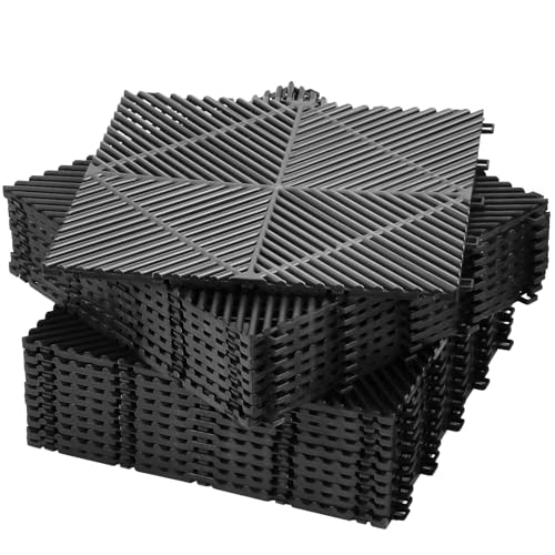 Barydat 72 Pcs 12'' x 12'' Garage Floor Tiles, Interlocking Drainage Flooring, Heavy Duty Non Slip Polypropylene, Easy Install for Garage Deck, Pool, Patio, Shower (Black)